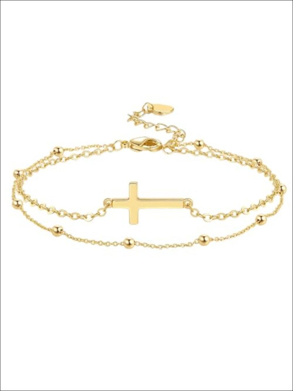 14K Gold Plated Double Chain Cross Bracelet Layered Bead Bracelet Women